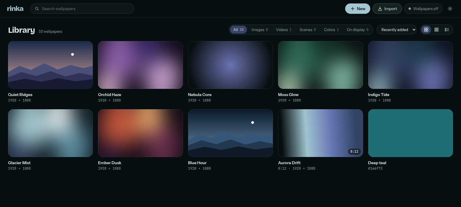 The Rinka library: a grid of wallpaper thumbnails with filters for images, videos, scenes and colors.