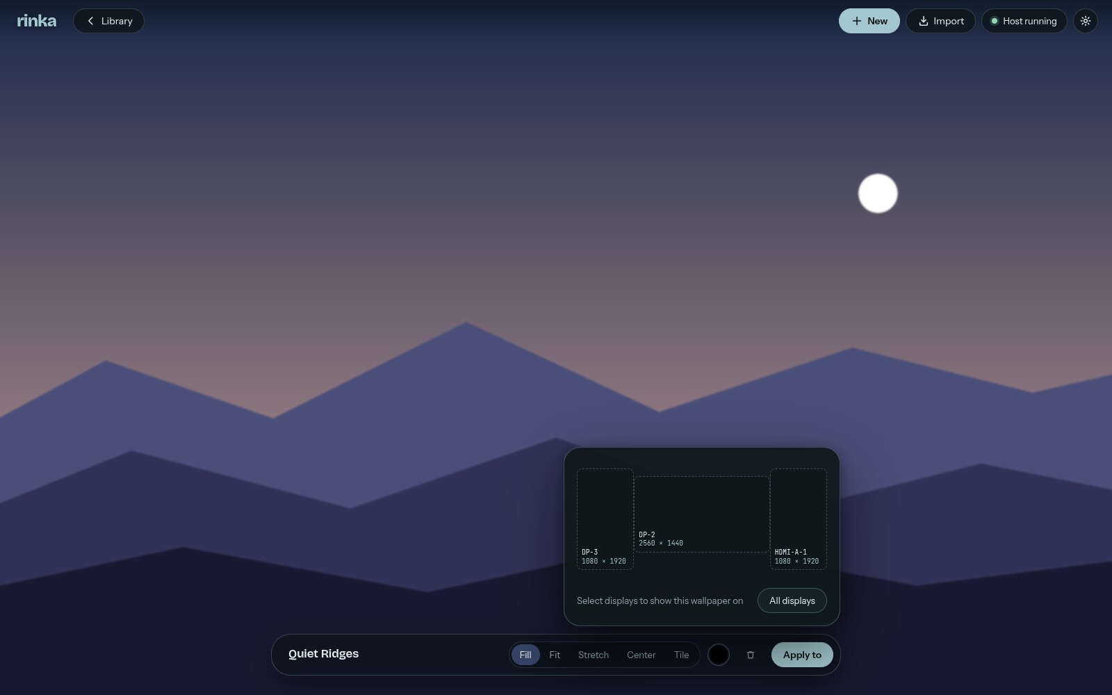 The Rinka editor showing a mountain wallpaper full-window, with a map of three monitors to apply it to.